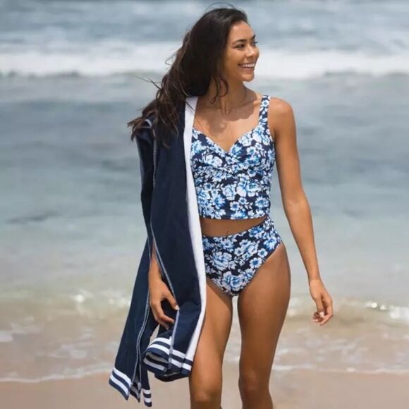 Land's End cheeky high waisted bikini bottoms crimson rose abstract floral Var - Picture 6 of 9